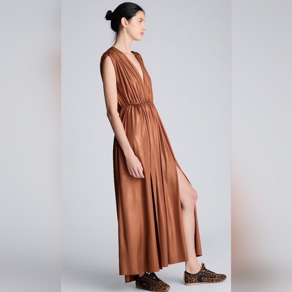 Metallic Knit V Neck Gathered Maxi Dress